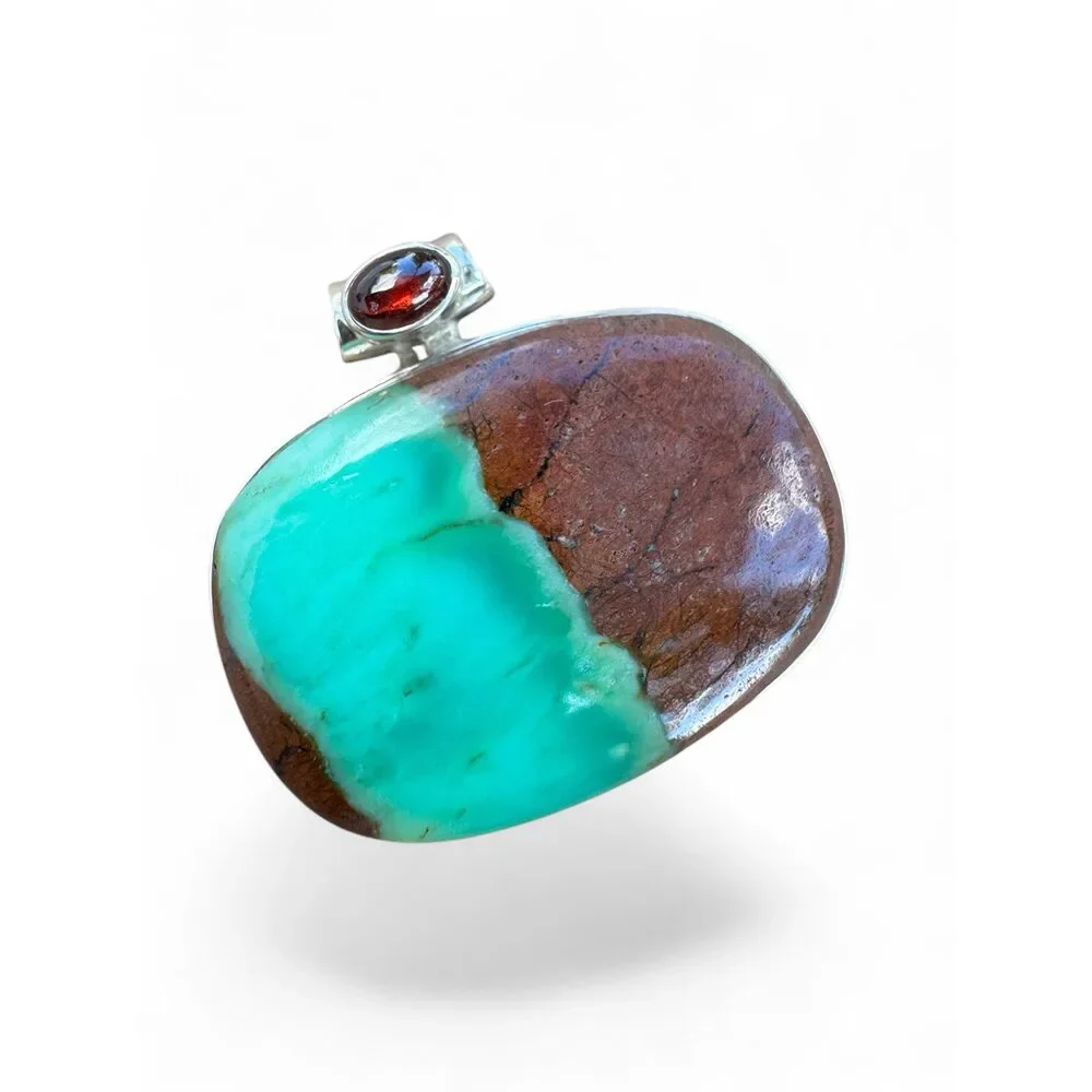 Chrysoprase & Garnet Solid 925 Sterling Silver Pendant